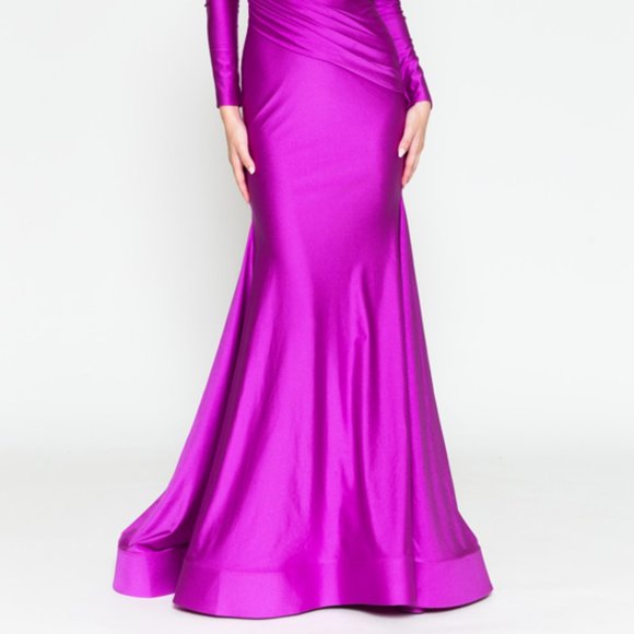 MAGENTA FORMAL PROM PARTY EVENING LONG SLEVES MERMAID LONG SATIN DRESS ac381 - Picture 2 of 8